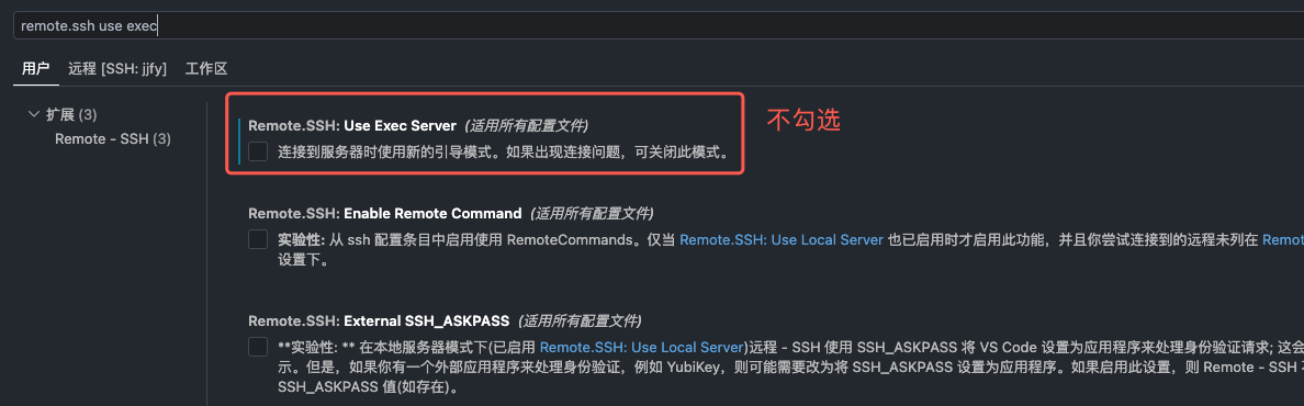 Remote.SSH Use Exec Server 不勾选